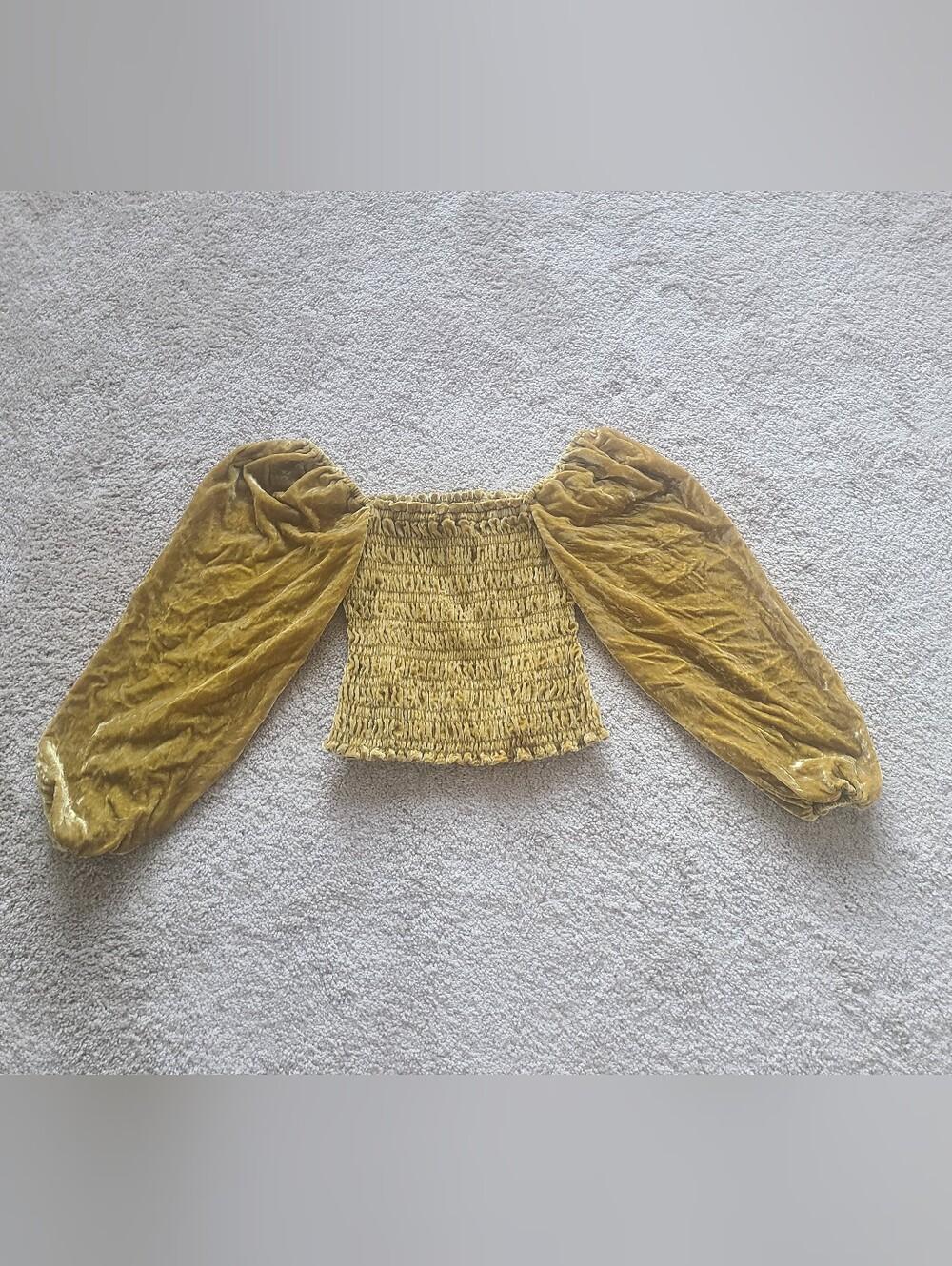Anthropologie Mustard Velvet Smocked Off-Shoulder Crop Top